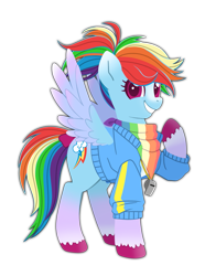 Size: 1151x1551 | Tagged: safe, artist:sleepykoinu, rainbow dash, pegasus, pony, g4, alternate design, alternate hairstyle, bow, clothes, coach rainbow dash, cute, dashabetes, grin, hoodie, hooves, ponytail, rainbow dashs coaching whistle, raised hoof, redesign, scarf, simple background, smiling, solo, spread wings, transparent background, whistle, whistle necklace, wings