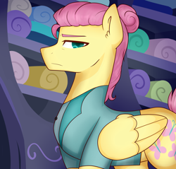 Size: 3395x3251 | Tagged: safe, artist:oniiponii, fluttershy, pegasus, pony, fake it 'til you make it, g4, my little pony: friendship is magic, alternate hairstyle, butterscotch, clothes, frown, high res, indoors, male, rule 63, severescotch, severeshy, solo, stallion