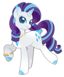 Size: 1135x1349 | Tagged: safe, artist:sleepykoinu, rarity, pony, unicorn, g4, alternate design, bow, bracelet, ear piercing, earring, hooves, jewelry, necklace, piercing, raised hoof, raised leg, redesign, simple background, smiling, solo, transparent background, turned head