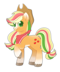 Size: 1293x1540 | Tagged: safe, artist:sleepykoinu, applejack, earth pony, pony, g4, alternate design, bandana, concave belly, freckles, gradient hooves, gradient legs, hat, hooves, pale belly, raised hoof, redesign, simple background, smiling, solo, transparent background, unshorn fetlocks