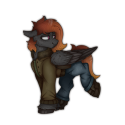 Size: 2300x2300 | Tagged: safe, artist:molars, oc, oc only, oc:autumn sky, pegasus, pony, ashes town, fallout equestria, boots, chest fluff, clothes, coat, ear fluff, ear piercing, ears back, female, folded wings, full body, high res, jacket, looking away, mare, piercing, sad, shoes, simple background, solo, transparent background, walking, wings
