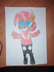 Size: 3120x4160 | Tagged: safe, artist:epicheavytf2, babs seed, g4, alternate clothes, alternate universe, brown fur, buttons, clothes, doctor eggman, glasses, looking at you, pants, red mane, red shirt, scarf, shirt, signature, simple background, smiling, smiling at you, sonic the hedgehog (series), traditional art
