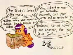 Size: 3701x2774 | Tagged: safe, artist:thehumanartist, scootaloo, pegasus, g4, bible, christianity, colored, drawing, female, filly, high res, religion, sitting, solo, traditional art