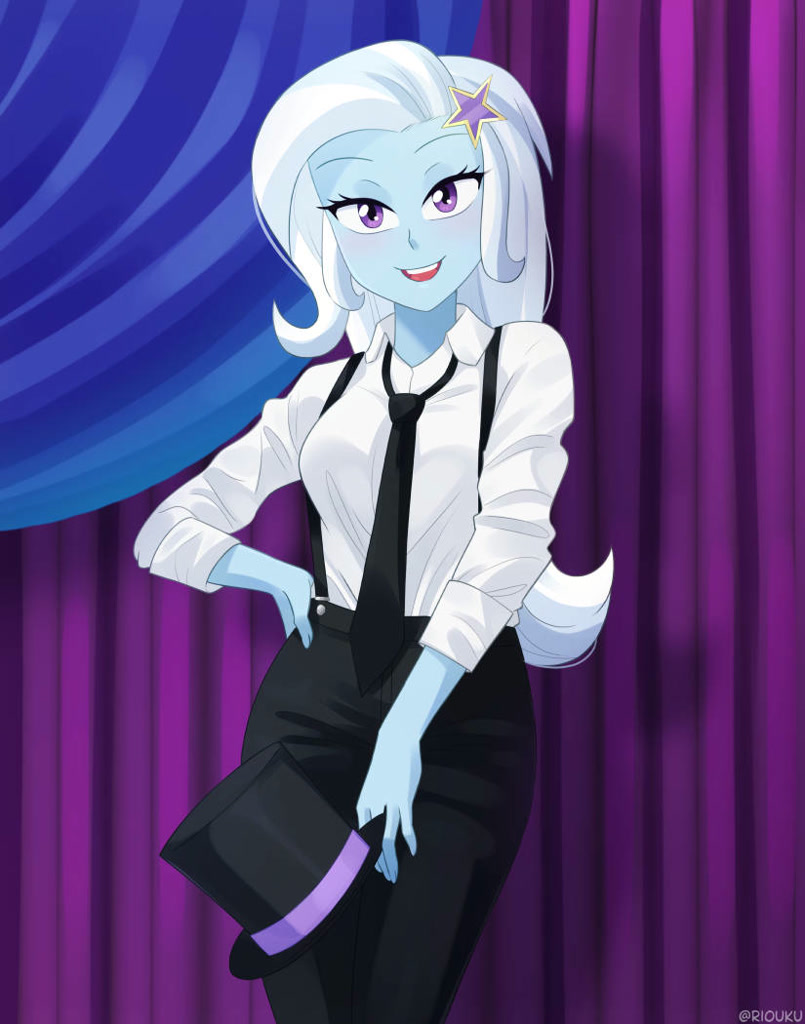 [bedroom eyes,blushing,breasts,clothes,commission,cute,equestria girls,female,hat,necktie,open mouth,pants,safe,shirt,solo,suspenders,top hat,trixie,artist:riouku,diatrixes]