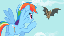 Size: 1280x720 | Tagged: safe, screencap, rainbow dash, bat, pegasus, pony, g4, may the best pet win, bat wings, butt, cloud, female, flying, mare, outdoors, plot, pointing, rainbutt dash, raised hoof, sky, smiling, smirk, spread wings, wings