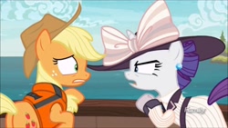 Size: 1280x720 | Tagged: safe, screencap, applejack, rarity, earth pony, pony, unicorn, g4, ppov, season 6, angry, applebutt, applejack's hat, boat, bow, butt, clothes, cowboy hat, discovery family, discovery family logo, dress, ear piercing, earring, freckles, hat, implied tail hole, jewelry, lifejacket, logo, looking at each other, looking at someone, ocean, piercing, plot, raristocrat, rose dewitt bukater, tail, titanic, water