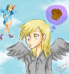 Size: 800x861 | Tagged: safe, artist:cheryl-jum, derpy hooves, rainbow dash, human, g4, duo, female, humanized, muffin, sketch, sky background, that pony sure does love muffins, thought bubble, winged humanization, wings