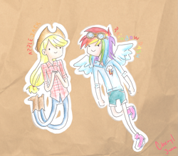 Size: 1165x1024 | Tagged: safe, artist:cheryl-jum, applejack, rainbow dash, human, g4, adventure time, boots, clothes, denim, dot eyes, duo, female, goggles, goggles on head, hoodie, humanized, jeans, pants, shirt, shoes, shorts, style emulation, winged humanization, wings