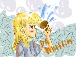 Size: 1900x1422 | Tagged: safe, artist:cheryl-jum, derpy hooves, human, g4, female, food, humanized, mail, muffin, sketch, solo