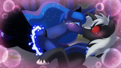 Size: 1920x1080 | Tagged: safe, artist:faith-wolff, nightmare moon, princess luna, alicorn, pony, fanfic:the bridge, g4, crooked horn, crossover, crossover shipping, crying, duo, eyes closed, fanfic art, female, godzilla (series), godzilla junior, horn, kiss on the lips, kissing, lunazilla, male, mare, red sclera, shipping, stallion, straight, wide eyes