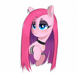 Size: 1000x952 | Tagged: safe, artist:inkypuso, pinkie pie, earth pony, pony, g4, bust, choker, chokerpie, cute, diapinkes, ear piercing, earring, eyeshadow, female, jewelry, lidded eyes, long mane, makeup, mane physics, mare, piercing, pinkamena diane pie, simple background, solo, studded bracelet, white background