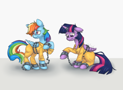 Size: 2000x1463 | Tagged: safe, artist:dimleyd, rainbow dash, twilight sparkle, alicorn, pony, g4, bound wings, chained, chains, clothes, commissioner:rainbowdash69, duo, jumpsuit, never doubt rainbowdash69's involvement, prison outfit, prisoner, prisoner rd, prisoner ts, twilight sparkle (alicorn), wings