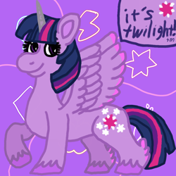 Size: 1000x1000 | Tagged: safe, artist:mintwhistle, twilight sparkle, alicorn, pony, g4, g5, abstract background, colored hooves, colored wings, colored wingtips, feathered fetlocks, female, g4 to g5, generation leap, implied elements of harmony, mare, medibang paint, multicolored wings, sign, smiling, solo, spread wings, symbol, trademark, twilight day, twilight sparkle (alicorn), twilight sparkle day, twilight sparkle's cutie mark, unshorn fetlocks, wings