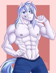 Size: 1575x2048 | Tagged: safe, artist:roarink, oc, oc:galaxy lightning, unicorn, anthro, abs, clothes, horn, male, muscles, muscular male, nipples, nudity, partial nudity, pecs, solo, topless