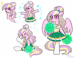 Size: 2048x1620 | Tagged: safe, artist:petaltwinkle, oc, oc only, oc:petal twinkle, pegasus, pony, bipedal, cheerleader, cheerleader outfit, clothes, female, looking at you, mare, open mouth, open smile, pom pom, simple background, sitting, smiling, smiling at you, solo, white background