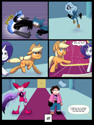 Size: 7500x10000 | Tagged: safe, artist:chedx, applejack, rarity, bird, blue jay, earth pony, gem (race), human, hybrid, pony, unicorn, anthro, digitigrade anthro, comic:learning with pibby glitch battles, g4, spoiler:steven universe, spoiler:steven universe: the movie, cartoon network, comic, commission, corrupted, crossover, gem, huggy wuggy, mordecai, multiverse, poppy playtime, regular show, spinel, spinel (steven universe), spoilers for another series, steven quartz universe, steven universe, steven universe future, steven universe: the movie