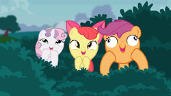 Size: 1920x1080 | Tagged: safe, artist:misterdavey, apple bloom, scootaloo, sweetie belle, earth pony, pegasus, pony, unicorn, g4, adorabloom, adoracreepy, animated, creepy, cute, cutealoo, cutie mark crusaders, derpy gets pranked, diasweetes, female, filly, foal, gif, hooves on cheeks, laughing, open mouth, open smile, smiling, trio, trio female