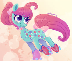 Size: 2627x2228 | Tagged: safe, artist:bishopony, sweet tooth (g1), earth pony, pony, g1, abstract background, blush scribble, blushing, bow, candy, female, food, high res, lollipop, mare, mouth hold, roller skates, signature, skates, smiling, solo, tail, tail bow