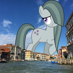 Size: 1080x1080 | Tagged: safe, artist:fruft, edit, editor:jaredking779, marble pie, earth pony, pony, g4, female, giant pony, giantess, hair over one eye, highrise ponies, irl, italy, macro, mare, photo, ponies in real life, raised hoof, solo, venice