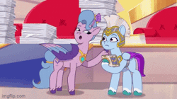 Size: 360x202 | Tagged: safe, screencap, queen haven, zoom zephyrwing, pegasus, pony, g5, my little pony: tell your tale, queens for a day, spoiler:g5, spoiler:my little pony: tell your tale, spoiler:tyts01e17, animated, armor, duo, duo female, female, gif, guardsmare, helmet, mare, pegasus royal guard, petting, phone, queen, royal guard