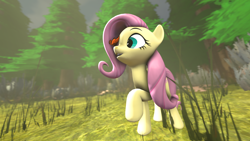 Size: 3840x2160 | Tagged: safe, artist:darkad8000, fluttershy, butterfly, pegasus, pony, g4, 3d, :o, cute, female, forest, grass, happy, high res, mare, open mouth, open smile, shyabetes, smiling, solo, source filmmaker
