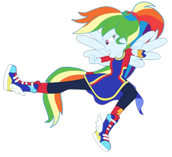 Size: 3872x3528 | Tagged: safe, artist:gmaplay, rainbow dash, human, cheer you on, equestria girls, g4, my little pony equestria girls: better together, alternate hairstyle, clenched fist, clothes, cutie mark on clothes, determined smile, female, frills, gorget, high res, kamen rider, kick, long shirt, open mouth, open smile, pants, ponied up, pony ears, ponytail, shoes, simple background, smiling, sneakers, solo, spread wings, super ponied up, sweatpants, transparent background, wings