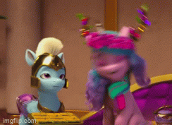 Size: 244x177 | Tagged: safe, screencap, izzy moonbow, zoom zephyrwing, pegasus, pony, unicorn, g5, my little pony: make your mark, my little pony: make your mark chapter 3, winter wishday, spoiler:g5, spoiler:winter wishday, animated, armor, chair, clothes, cucumber sandwiches, duo, duo female, female, floral head wreath, flower, gif, guardsmare, helmet, mare, pegasus royal guard, picture for breezies, royal guard, scarf