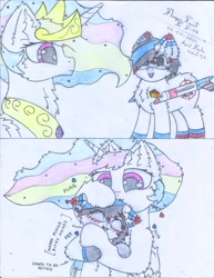 Size: 2550x3300 | Tagged: safe, artist:fliegerfausttop47, princess celestia, oc, oc:bashful interceptor, alicorn, cat, cat pony, original species, plane pony, pony, g4, 2 panel comic, :3, april fools 2023, behaving like a cat, black mane, blue eyes, blushing, canon x oc, cheek fluff, chest fluff, comic, crown, cute, cute little fangs, daaaaaaaaaaaw, descriptive noise, duo, ear blush, ear fluff, excited, fangs, floating heart, flowing mane, fluffy, fluffy mane, happy, heart, heterochromia, high res, hoof fluff, hoof on cheek, hoof on head, jewelry, leg fluff, looking at someone, looking down, multicolored hair, multicolored mane, ocbetes, onomatopoeia, paws, pet play, petting, peytral, pink eyes, plane, rainbow hair, red eyes, regalia, signature, silly, simple background, smiling, solar empire, sparkling, story included, traditional art, white background, white coat, wing fluff, wings