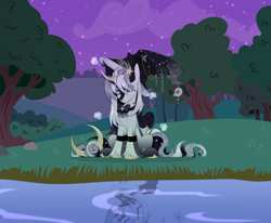 Size: 8500x7000 | Tagged: safe, artist:cursed soul, oc, oc only, alicorn, earth pony, firefly (insect), insect, pegasus, pony, unicorn, alicorn oc, black and white mane, bow, hat, horn, lake, male, original character do not steal, outdoors, reflection, solo, water, wings, wizard hat