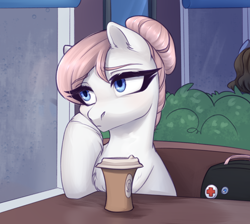 Size: 3000x2688 | Tagged: safe, artist:nika-rain, nurse redheart, pony, g4, chest fluff, coffee, coffee cup, commission, cup, high res, rain, sketch, solo, ych sketch, your character here