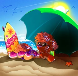 Size: 3321x3246 | Tagged: safe, artist:opalacorn, oc, oc only, oc:leslie bean, bird, earth pony, pony, starfish, beach, beach umbrella, commission, female, high res, lying down, mare, prone, smiling, solo, sploot, sunglasses, surfboard