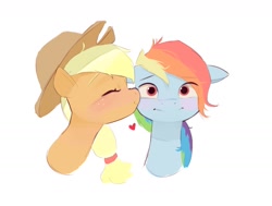 Size: 1415x1070 | Tagged: safe, artist:pascal571, applejack, rainbow dash, earth pony, pegasus, pony, g4, :i, blushing, bust, cheek kiss, duo, eyes closed, female, floating heart, floppy ears, heart, kissing, lesbian, mare, ship:appledash, shipping, simple background, white background