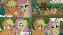 Size: 2000x1125 | Tagged: safe, edit, edited screencap, editor:quoterific, screencap, applejack, autumn afternoon, fern flare, fluttershy, rain shine, sparkling brook, winter flame, earth pony, kirin, pegasus, pony, g4, sounds of silence, applejack is best facemaker, implied angel bunny