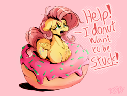 Size: 3200x2400 | Tagged: safe, artist:br0via, fluttershy, pegasus, pony, g4, adorable distress, cute, donut, food, high res, pink background, pun, simple background, solo, stuck