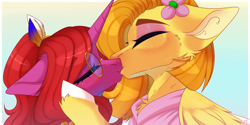 Size: 5520x2760 | Tagged: safe, artist:honeybbear, oc, oc only, pegasus, pony, unicorn, duo, eyes closed, female, glasses, gradient background, kiss on the lips, kissing, mare