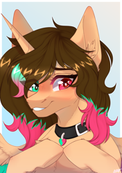 Size: 2760x3920 | Tagged: safe, artist:honeybbear, oc, oc:music light, alicorn, pony, bust, collar, ear fluff, female, gradient background, heterochromia, high res, mare, portrait, smiling, solo