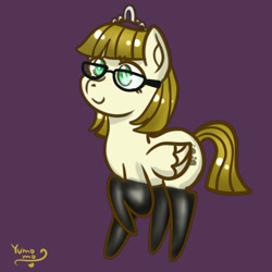 Size: 800x800 | Tagged: safe, artist:yumomochan, zippoorwhill, pegasus, pony, g4, clothes, female, filly, foal, glasses, jewelry, purple background, raised hoof, simple background, smiling, socks, solo, tiara