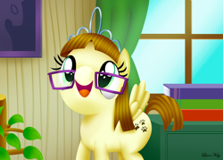Size: 3500x2500 | Tagged: safe, artist:leonkay, zippoorwhill, pegasus, pony, g4, cute, female, filly, foal, glasses, high res, jewelry, open mouth, solo, tiara, zippoorbetes