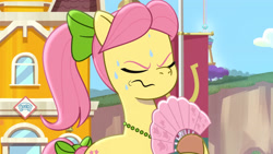 Size: 3072x1727 | Tagged: safe, screencap, posey bloom, earth pony, pony, g5, hot day huh?, my little pony: tell your tale, spoiler:g5, spoiler:my little pony: tell your tale, spoiler:tyts01e57, crystal brighthouse, eyes closed, female, frown, mare, ponytail, solo, sweat, sweatdrop