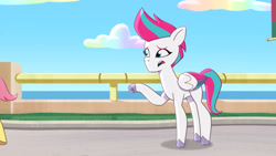 Size: 3072x1727 | Tagged: safe, screencap, posey bloom, zipp storm, earth pony, pegasus, pony, g5, hot day huh?, my little pony: tell your tale, spoiler:g5, spoiler:my little pony: tell your tale, spoiler:tyts01e57, concave belly, female, fit, mare, offscreen character, open mouth, slender, solo focus, thin