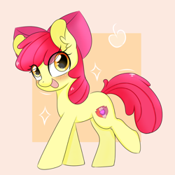 Size: 1080x1080 | Tagged: safe, artist:twiliset, derpibooru exclusive, apple bloom, earth pony, pony, g4, adorabloom, apple, apple bloom's bow, blushing, bow, cute, female, filly, foal, food, hair bow, happy, looking at you, open mouth, open smile, passepartout, simple background, smiling, smiling at you, solo, the cmc's cutie marks