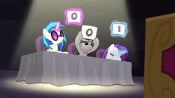 Size: 1280x720 | Tagged: safe, screencap, dj pon-3, octavia melody, rarity, vinyl scratch, earth pony, pony, unicorn, bloom & gloom, g4, season 5, female, meme, music judges meme, trio, trio female, vinyl and octavia are not impressed