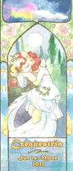 Size: 329x771 | Tagged: safe, artist:lightisanasshole, oc, oc:miss libussa, pony, unicorn, czequestria, banner, clothes, convention, convention art, cute, dress, female, flower, messy mane, night, reference, slee, solo, text, traditional art, tree, watercolor painting, wings