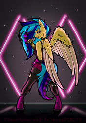 Size: 1610x2289 | Tagged: safe, artist:sweetpea-and-friends, oc, oc only, oc:koa, anthro, unguligrade anthro, clothes, ear piercing, earring, female, glam rock, jewelry, legwear, lidded eyes, looking at you, looking back, looking back at you, microphone, piercing, ripped stockings, scene hair, solo, sparkles, spread wings, stage, stockings, thigh highs, torn clothes, wings
