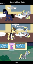 Size: 1920x3688 | Tagged: safe, artist:platinumdrop, derpy hooves, oc, earth pony, pegasus, pony, unicorn, comic:derpy's blind date, g4, 3 panel comic, alone, blind date, building, burger, bush, chair, cheese, clothes, comic, commission, crumbs, crying, date, diner, door, drink, dumped, eating, facial hair, female, floppy ears, flower, flower in hair, folded wings, food, grass, hay burger, looking at each other, looking at someone, looking down, male, mare, messy, messy eating, moustache, muffin, munching, night, night sky, pizza, plate, raised hoof, restaurant, sad, sauce, shirt, shirt with a collar, sitting, sky, speech bubble, spread wings, stallion, straw, table, talking, tears of sadness, uniform, vest, waiter, walking, walking away, window, wings, wings down