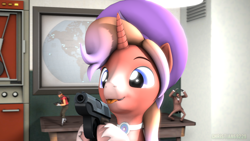 Size: 1920x1080 | Tagged: safe, artist:christian69229, oc, oc only, oc:peaches, pegasus, pony, unicorn, 3d, :p, commission, gun, horn, male, pegasus oc, smiling, solo, source filmmaker, tongue out, weapon, ych result