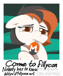 Size: 1050x1260 | Tagged: safe, artist:pcf, oc, oc:monero, earth pony, pony, art pack:fillycon, advertisement, advertisement in description, art pack, explicit source, female, filly, foal, implied foalcon, looking at you, lying down, monero, on back, photo, solo, text