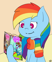 Size: 1100x1325 | Tagged: safe, artist:rainbowdashpad, rainbow dash, pegasus, pony, g4, book, clothes, rainbow scarf, scarf, solo, striped scarf