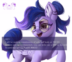 Size: 4614x4000 | Tagged: safe, artist:oriana80, oc, oc only, pegasus, pony, advertisement, commission, commission info, ear piercing, glasses, pegasus oc, piercing, solo