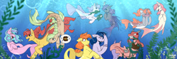 Size: 1500x500 | Tagged: safe, artist:cosmalumi, oc, oc only, pony, seapony (g4), unicorn, bubble, crepuscular rays, dorsal fin, eyes closed, fin, fin wings, fins, fish tail, flowing mane, flowing tail, group, looking at each other, looking at someone, ocean, open mouth, open smile, seaweed, signature, smiling, smiling at each other, sunlight, swimming, tail, teeth, underwater, water, wings